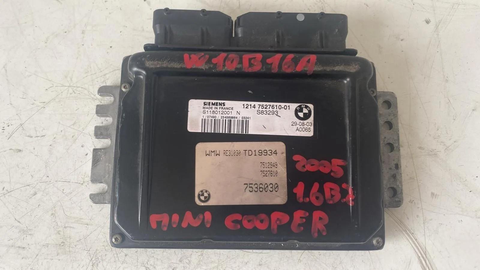 CENTRALINA MOTORE con codice 1214 7527610-01 da MINI Cooper 1° Serie con codice motore W10B16A/W10B16A Benzina 1600 (00>06)